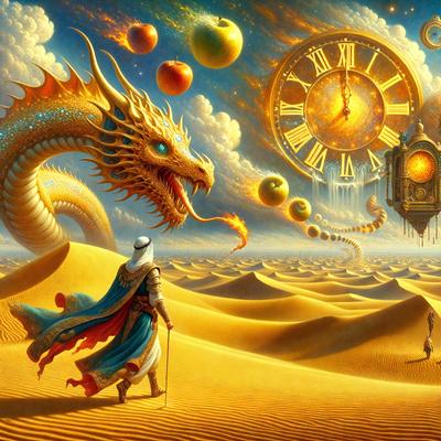 The primary subject of the image is a man walking in a desert-like environment. He is wearing a blue robe and appears to be a knight. The setting is a sandy landscape with a clock tower in the background. The visual style is a digital art or illustration, with a mix of colors and mood, creating a surreal and fantastical atmosphere.